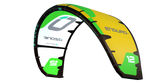 Ozone Enduro V5 kite for freeride, wave, and freestyle. Kitesurfer riding waves with Ozone Enduro V5. Freestyle tricks with Ozone Enduro V5 kite. Green Enduro V5 Ozone.